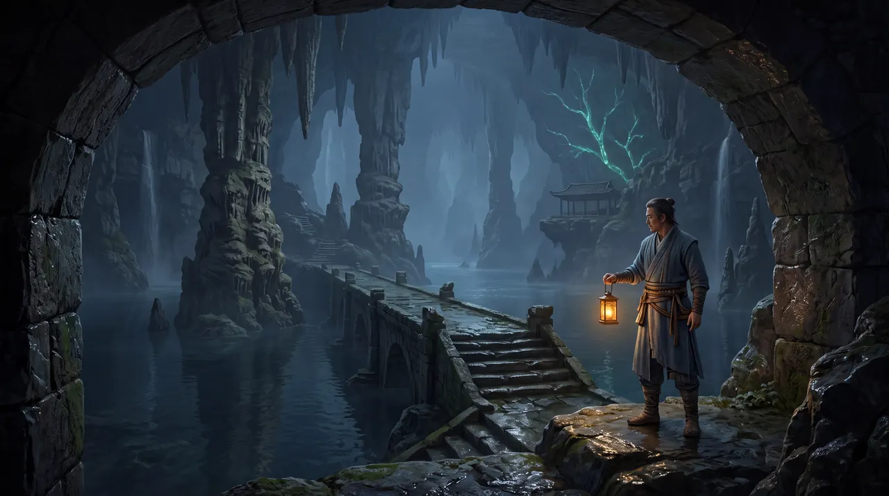A cultivator with a lantern at the mouth of a flooded cavern of stone pillars and waterfalls.