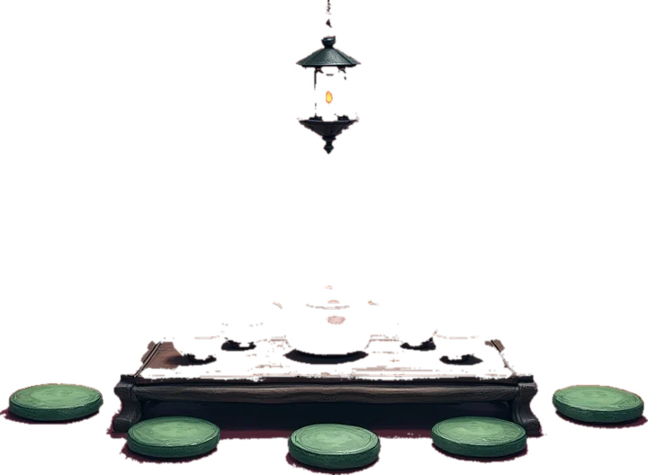 A low painted table with two cushions.